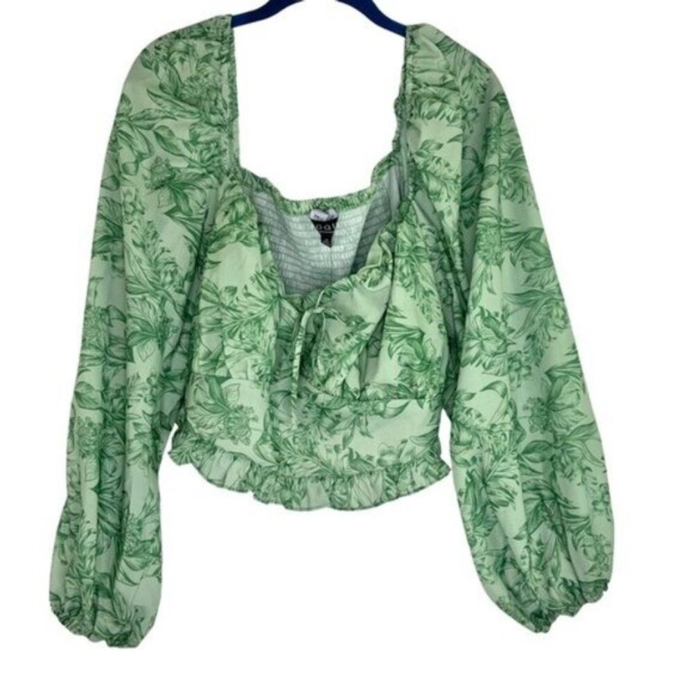 NWT Eloquii Green Floral Cropped Shirt with Long Balloon Sleeves - Picture 2 of 7